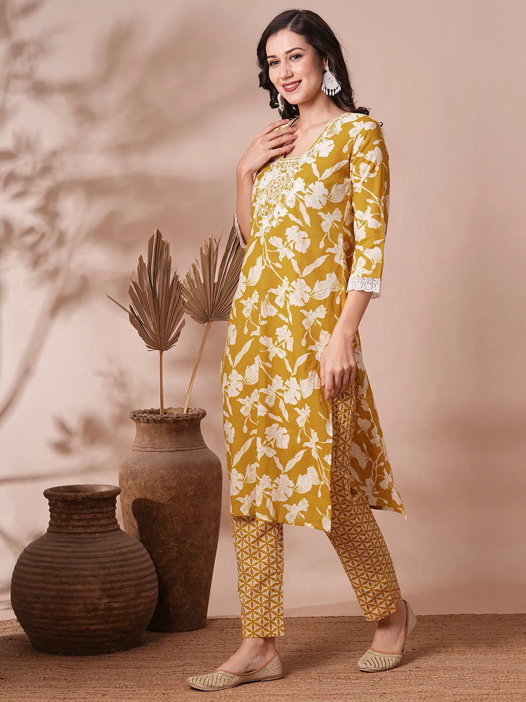 Ethnic Floral Printed & Embroidered Straight Fit Kurta with Pant - Mustard