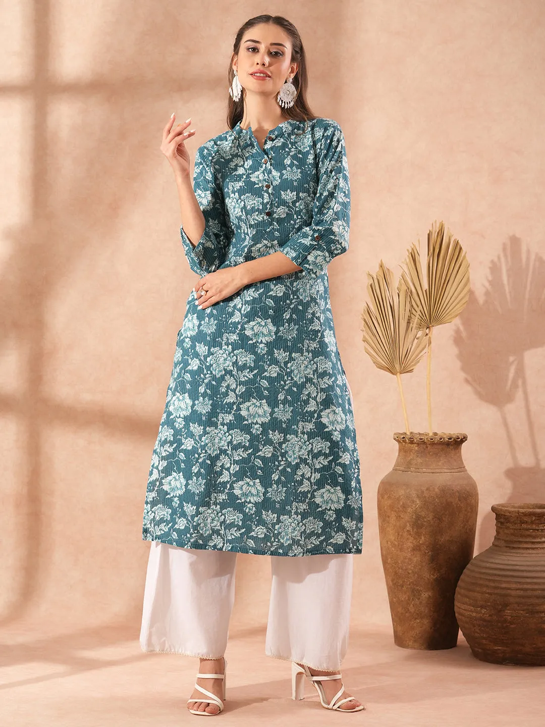 Ethnic Floral Printed Straight Fit Kurta - Teal Blue