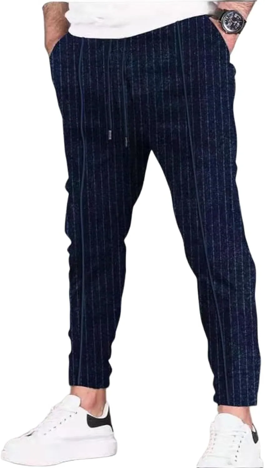 evzosrz Mens Stripe Casual Pants Straight Joggers Slim Fit Drawstring Lightweight Yoga Lounge Joggers Stretch Fall Trousers