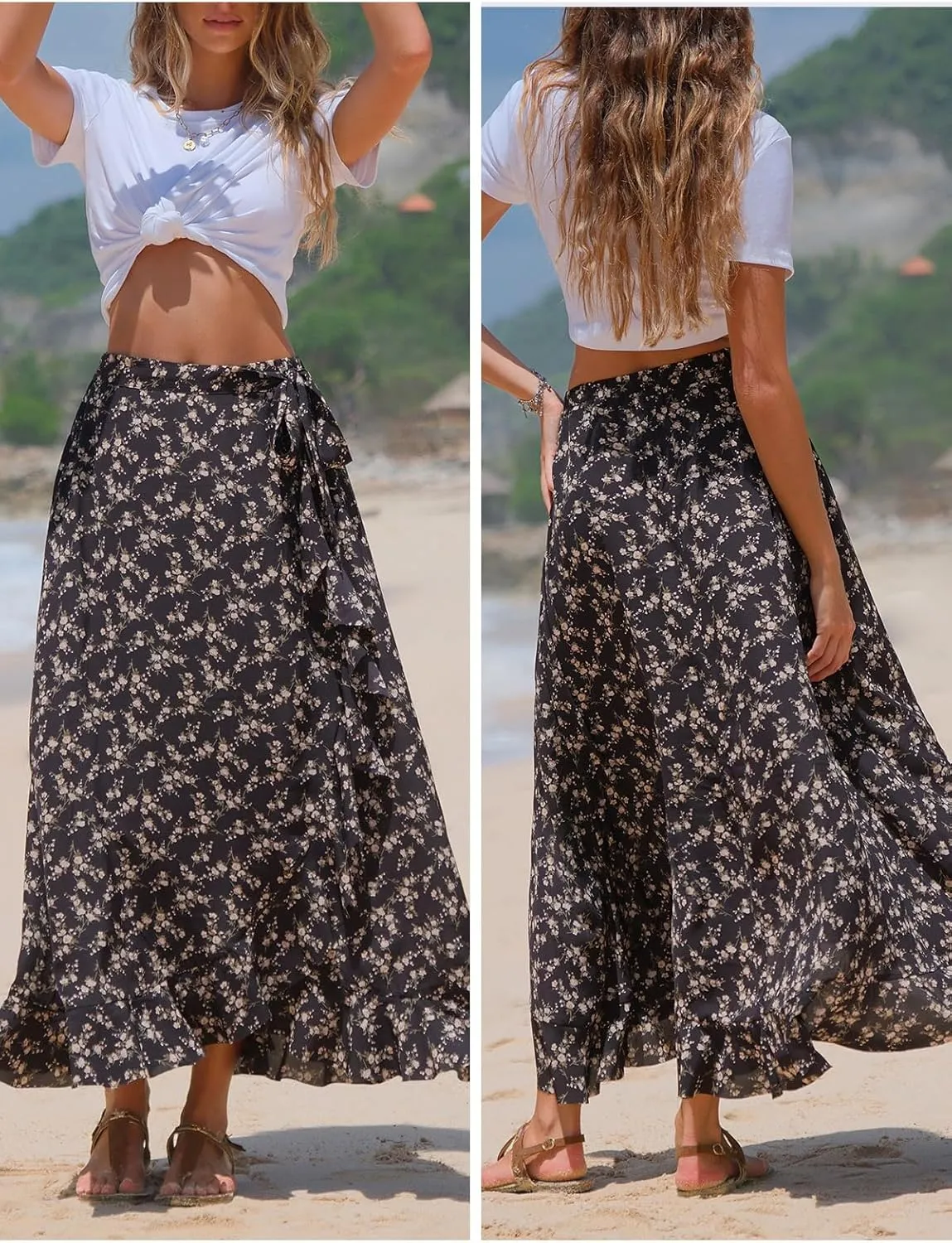 EXLURA Womens Floral Print High Waisted Wrap Long Maxi Skirts Ruffle Hem Self Tie Knot Summer Chiffon Midi Skirts 2025