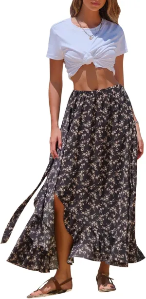 EXLURA Womens Floral Print High Waisted Wrap Long Maxi Skirts Ruffle Hem Self Tie Knot Summer Chiffon Midi Skirts 2025