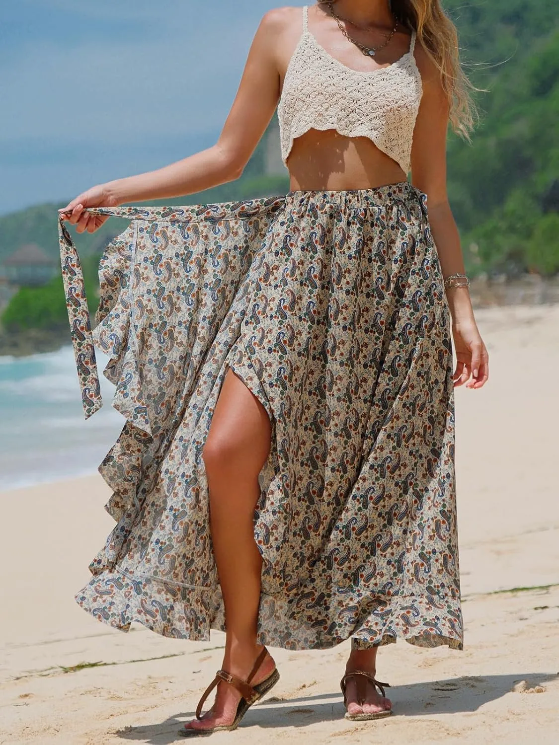 EXLURA Womens Floral Print High Waisted Wrap Long Maxi Skirts Ruffle Hem Self Tie Knot Summer Chiffon Midi Skirts 2025
