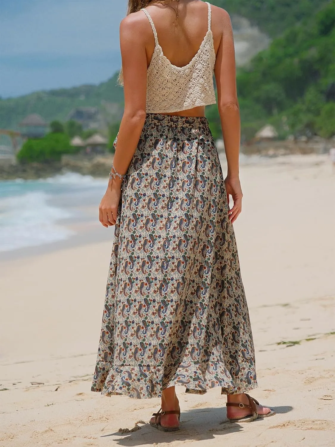 EXLURA Womens Floral Print High Waisted Wrap Long Maxi Skirts Ruffle Hem Self Tie Knot Summer Chiffon Midi Skirts 2025