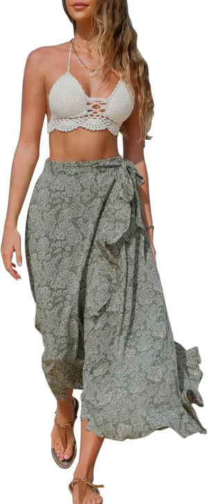 EXLURA Womens Floral Print High Waisted Wrap Long Maxi Skirts Ruffle Hem Self Tie Knot Summer Chiffon Midi Skirts 2025