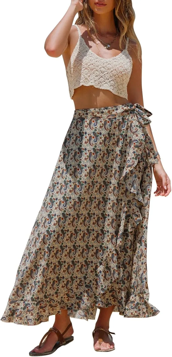 EXLURA Womens Floral Print High Waisted Wrap Long Maxi Skirts Ruffle Hem Self Tie Knot Summer Chiffon Midi Skirts 2025