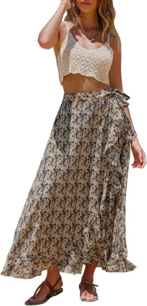 EXLURA Womens Floral Print High Waisted Wrap Long Maxi Skirts Ruffle Hem Self Tie Knot Summer Chiffon Midi Skirts 2025