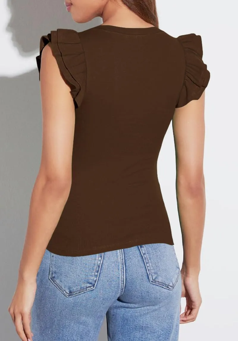 Ezbelle Women's Summer Sleeveless Tops V Neck Ruffle Shirts Ribbed Knit Tank Top Sexy Blouse Ladies Clothes 2025