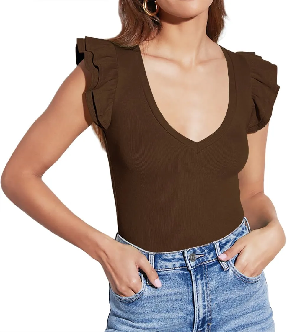 Ezbelle Women's Summer Sleeveless Tops V Neck Ruffle Shirts Ribbed Knit Tank Top Sexy Blouse Ladies Clothes 2025