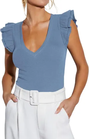 Ezbelle Women's Summer Sleeveless Tops V Neck Ruffle Shirts Ribbed Knit Tank Top Sexy Blouse Ladies Clothes 2025