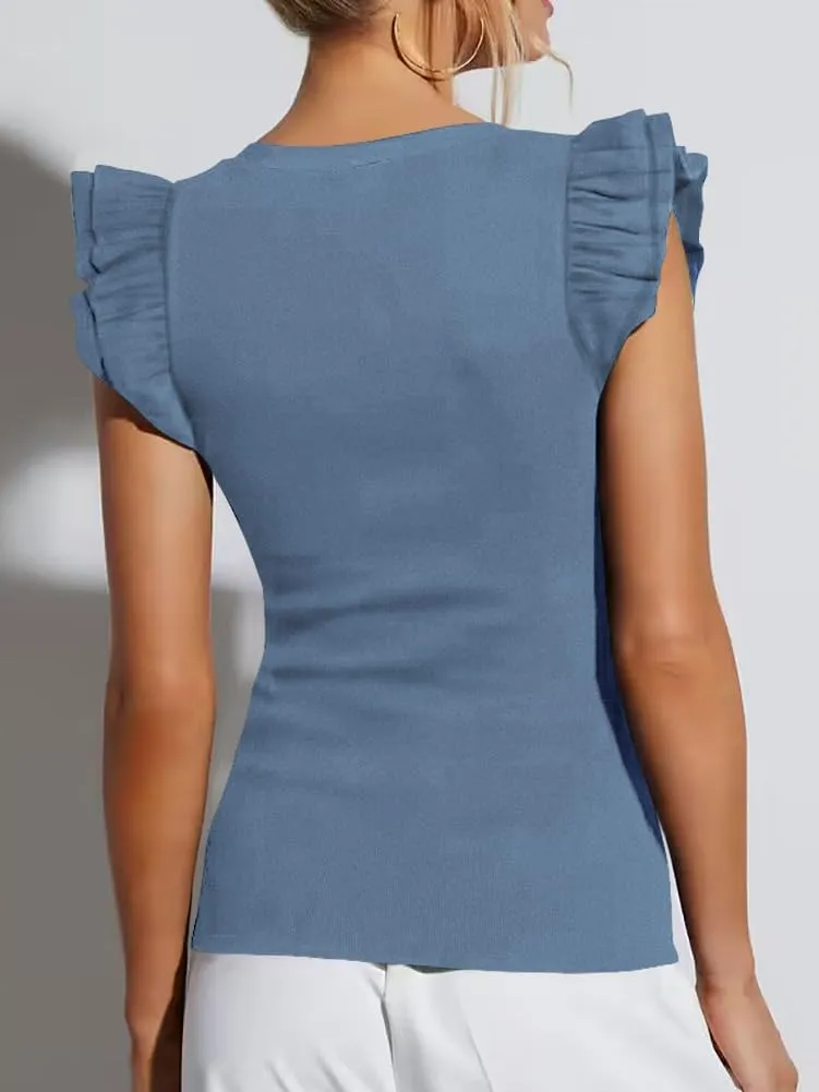 Ezbelle Women's Summer Sleeveless Tops V Neck Ruffle Shirts Ribbed Knit Tank Top Sexy Blouse Ladies Clothes 2025