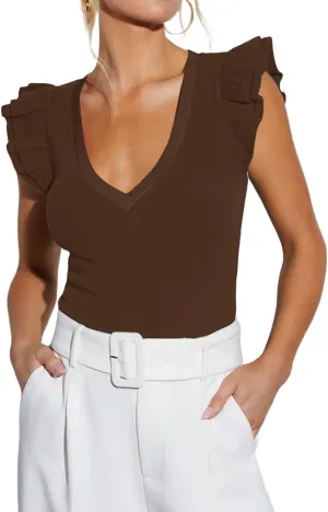 Ezbelle Women's Summer Sleeveless Tops V Neck Ruffle Shirts Ribbed Knit Tank Top Sexy Blouse Ladies Clothes 2025