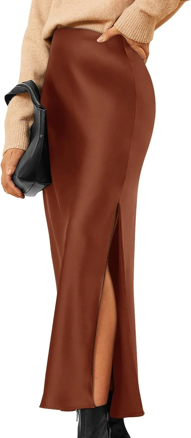 Ezcosplay Women Satin Silk Side Slit Maxi Skirt High Waisted Elastic Waist Silky Split Long Skirts