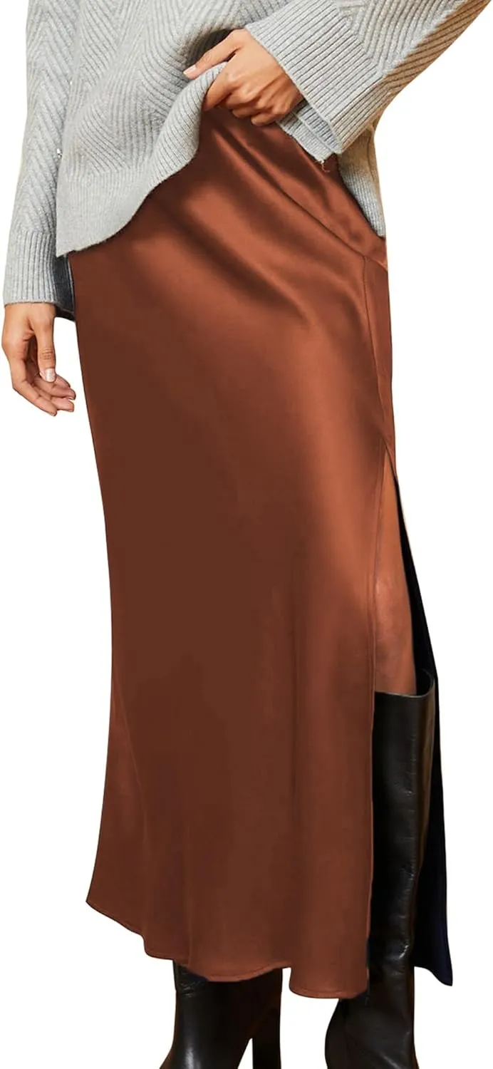 Ezcosplay Women Satin Silk Side Slit Maxi Skirt High Waisted Elastic Waist Silky Split Long Skirts