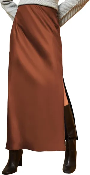 Ezcosplay Women Satin Silk Side Slit Maxi Skirt High Waisted Elastic Waist Silky Split Long Skirts