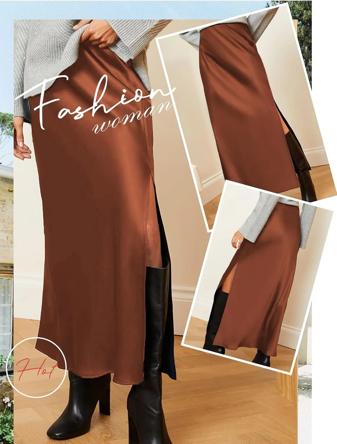 Ezcosplay Women Satin Silk Side Slit Maxi Skirt High Waisted Elastic Waist Silky Split Long Skirts