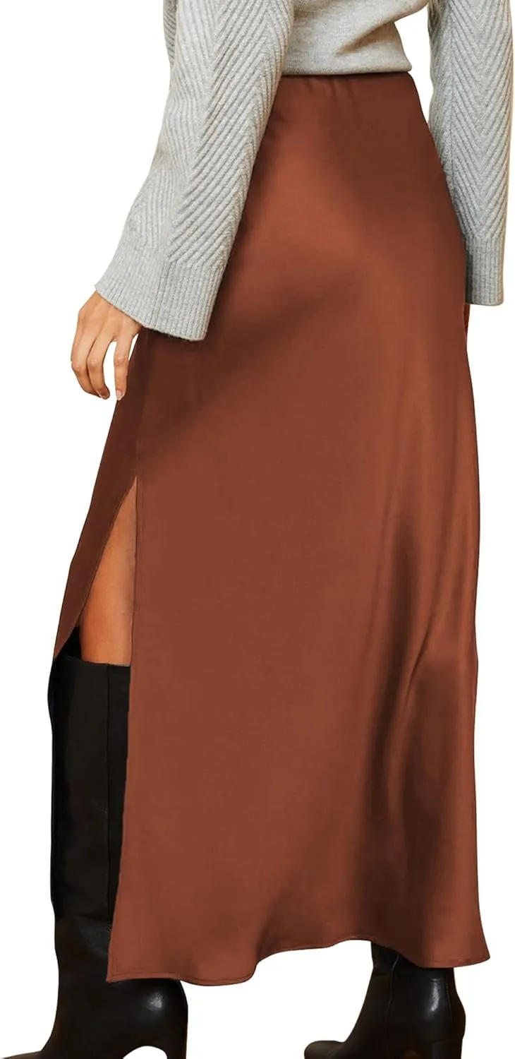 Ezcosplay Women Satin Silk Side Slit Maxi Skirt High Waisted Elastic Waist Silky Split Long Skirts