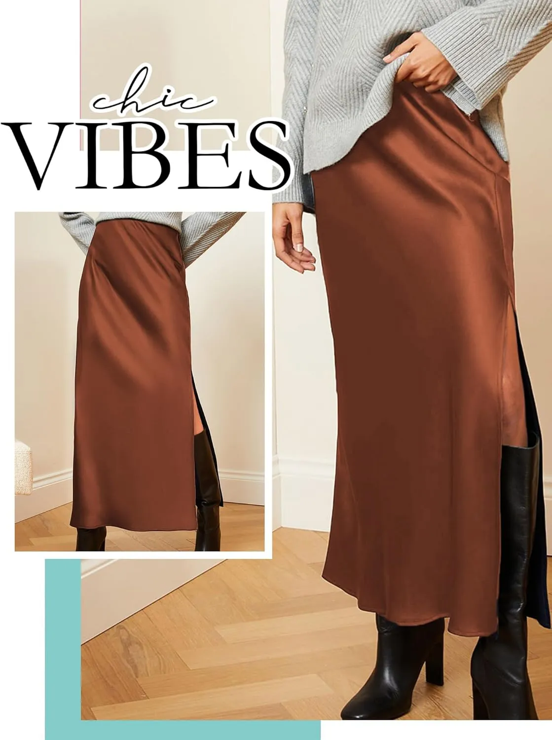 Ezcosplay Women Satin Silk Side Slit Maxi Skirt High Waisted Elastic Waist Silky Split Long Skirts