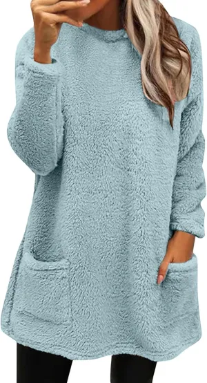 Fall Sweaters for Women 2024 Long Fuzzy Fleece Pullover Trendy Casual Crewneck Sweatshirt Shaggy Coat with Pockets