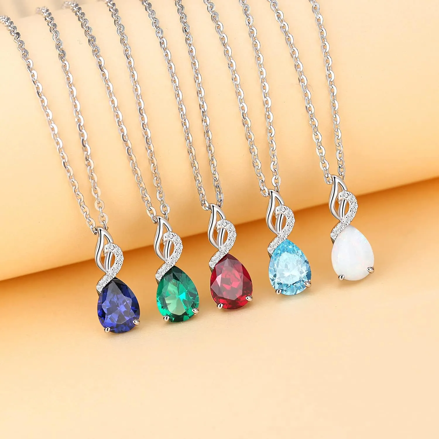 FANCIME 14K Solid White Gold Teardrop Pendant with Diamond Birthstone Necklace Birthday Gifts for Mom Women, Sterling Silver Chain 16"   2" Extender
