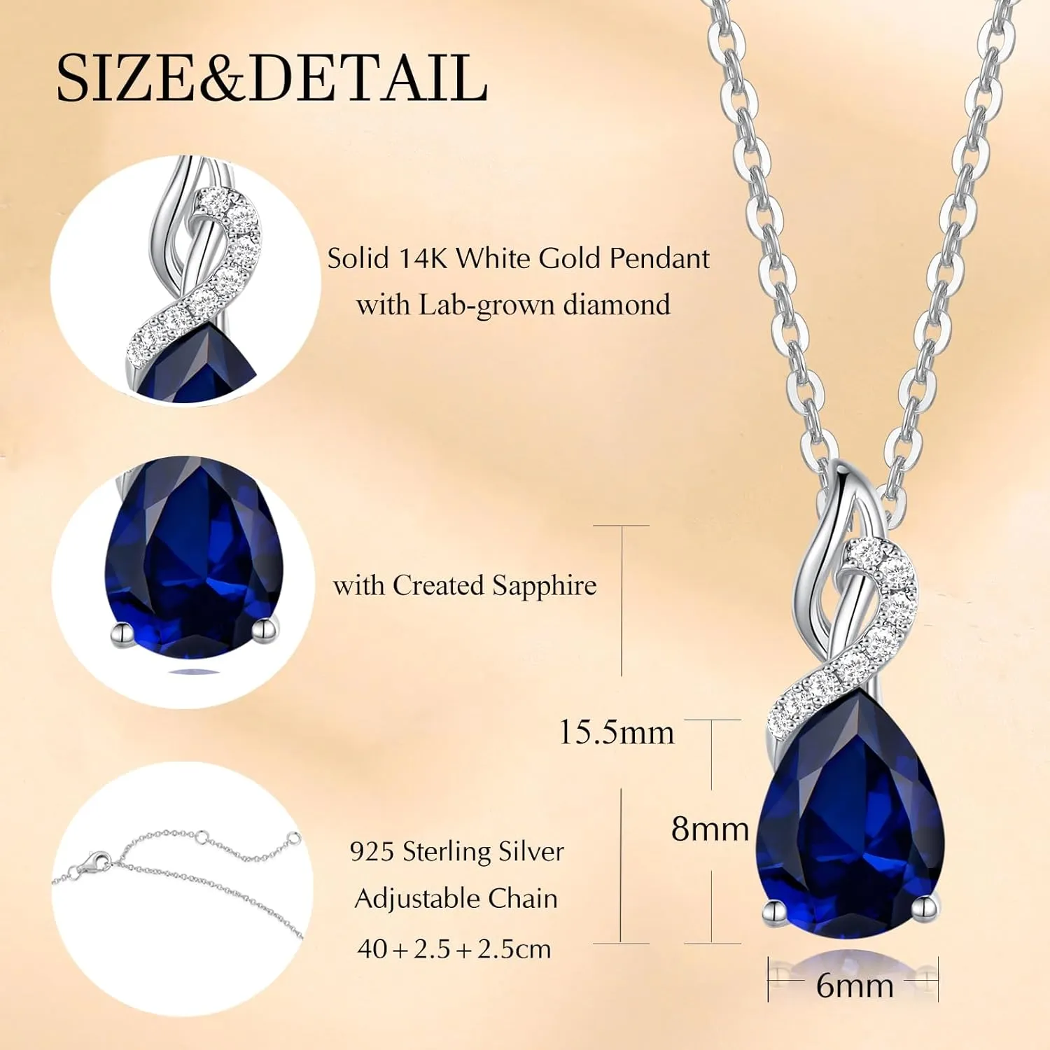 FANCIME 14K Solid White Gold Teardrop Pendant with Diamond Birthstone Necklace Birthday Gifts for Mom Women, Sterling Silver Chain 16"   2" Extender