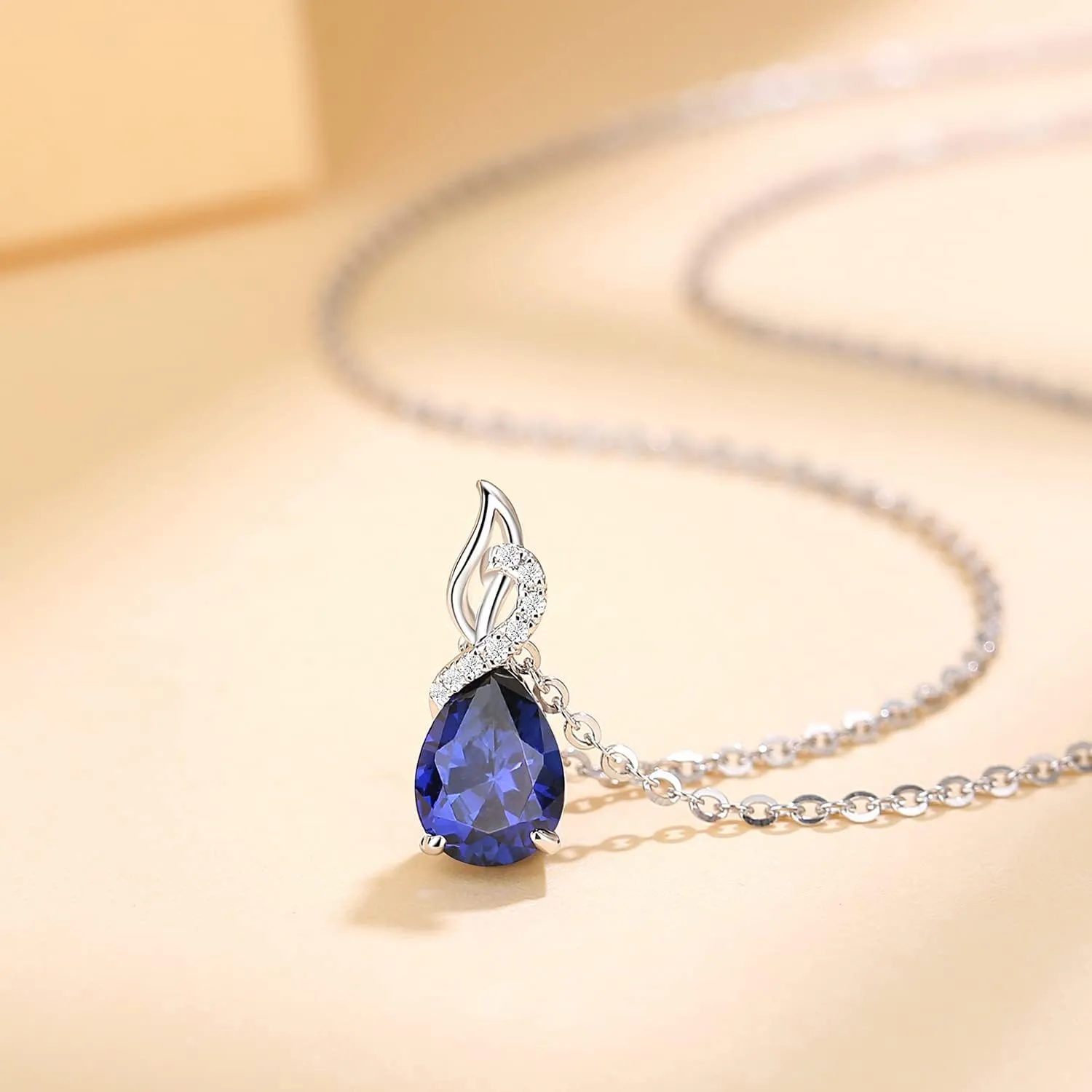 FANCIME 14K Solid White Gold Teardrop Pendant with Diamond Birthstone Necklace Birthday Gifts for Mom Women, Sterling Silver Chain 16"   2" Extender