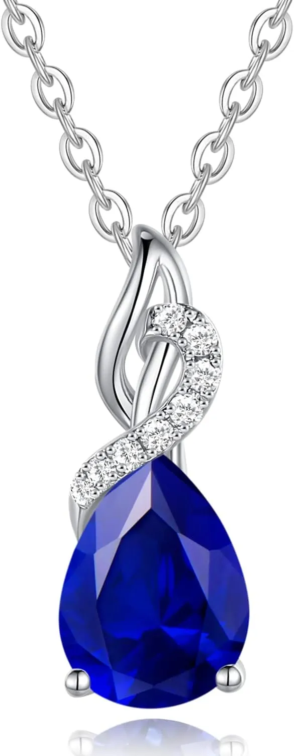FANCIME 14K Solid White Gold Teardrop Pendant with Diamond Birthstone Necklace Birthday Gifts for Mom Women, Sterling Silver Chain 16"   2" Extender