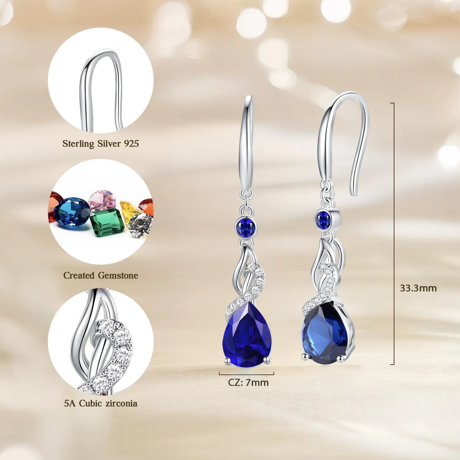 FANCIME Teardrop Dangle Drop Earrings 925 Sterling Silver Pear Gemstone Birthstone Earring Fine Jewelry Birthday Gifts for Women