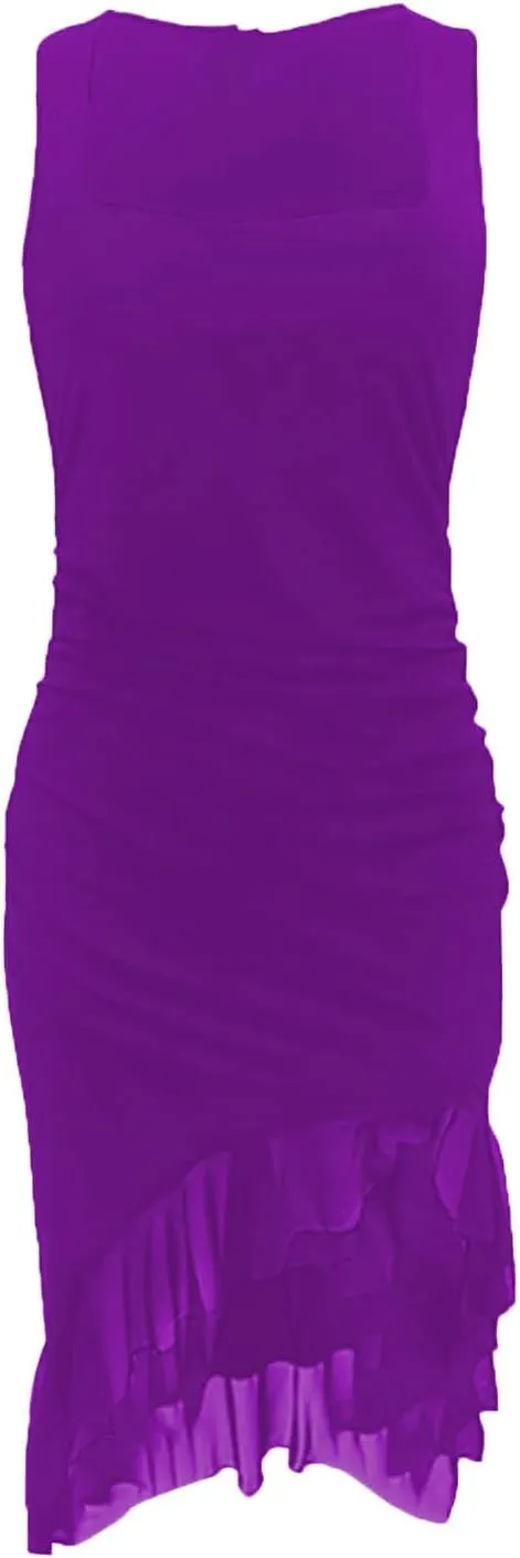 Fashion Women's Sexy Dresses Solid Color Ruffle Hem Straps Bodycon Dress Irregular Side Slit Party Dresses
