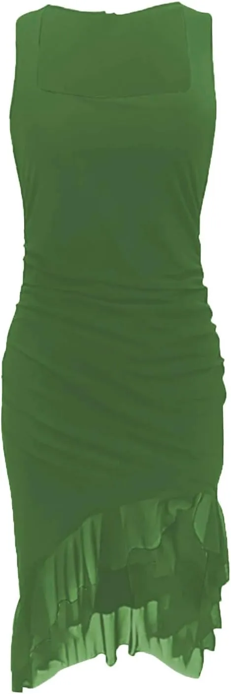 Fashion Women's Sexy Dresses Solid Color Ruffle Hem Straps Bodycon Dress Irregular Side Slit Party Dresses