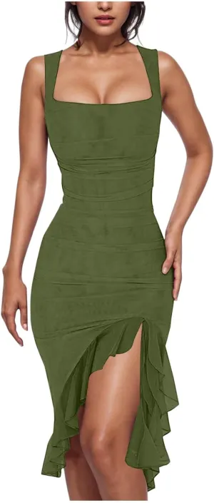 Fashion Women's Sexy Dresses Solid Color Ruffle Hem Straps Bodycon Dress Irregular Side Slit Party Dresses
