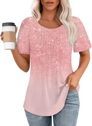 Fashion Womens Tops Dressy Tee Shirts Short Sleeve Pleated Dressy Casual Scoop Neck Summer Tops Blouses