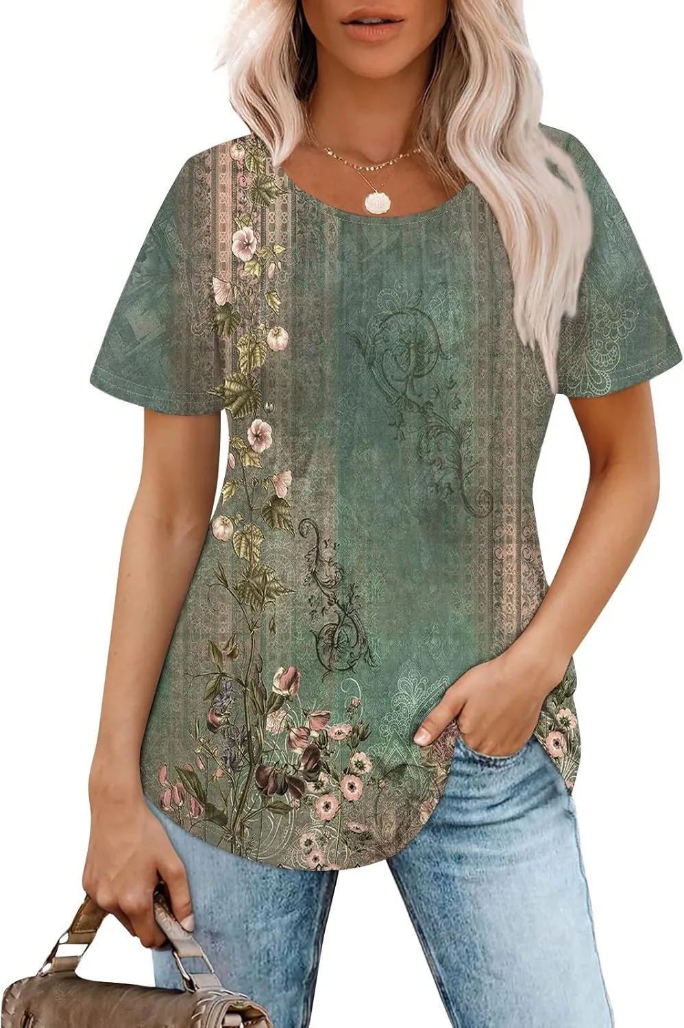 Fashion Womens Tops Dressy Tee Shirts Short Sleeve Pleated Dressy Casual Scoop Neck Summer Tops Blouses