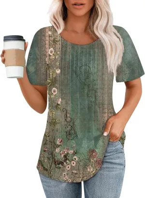 Fashion Womens Tops Dressy Tee Shirts Short Sleeve Pleated Dressy Casual Scoop Neck Summer Tops Blouses