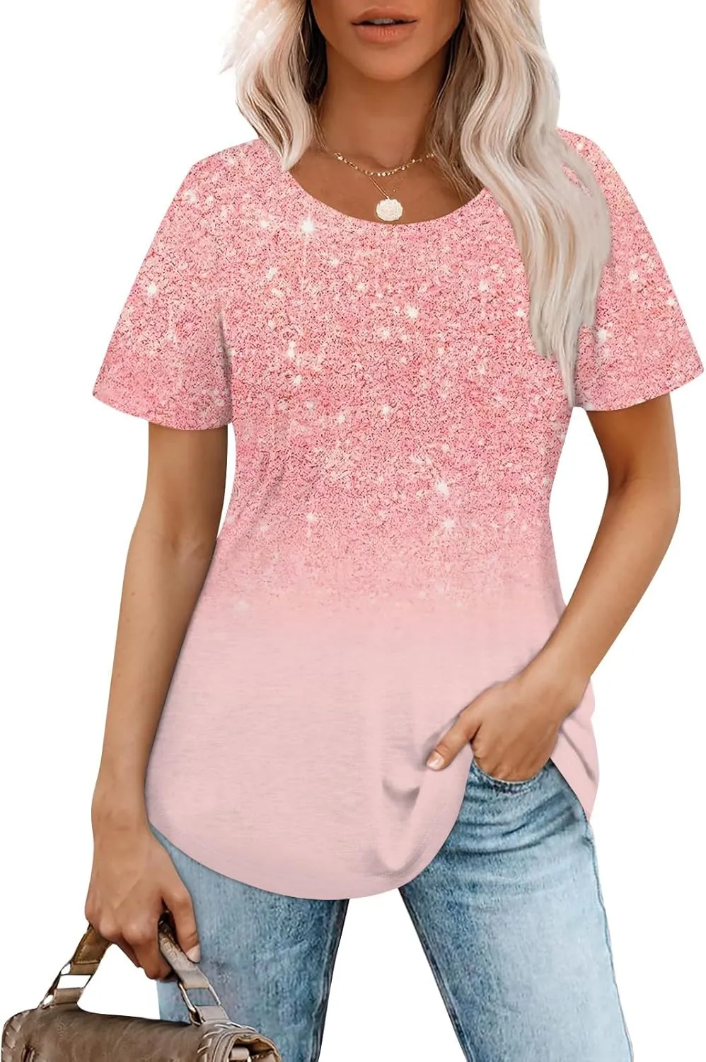 Fashion Womens Tops Dressy Tee Shirts Short Sleeve Pleated Dressy Casual Scoop Neck Summer Tops Blouses