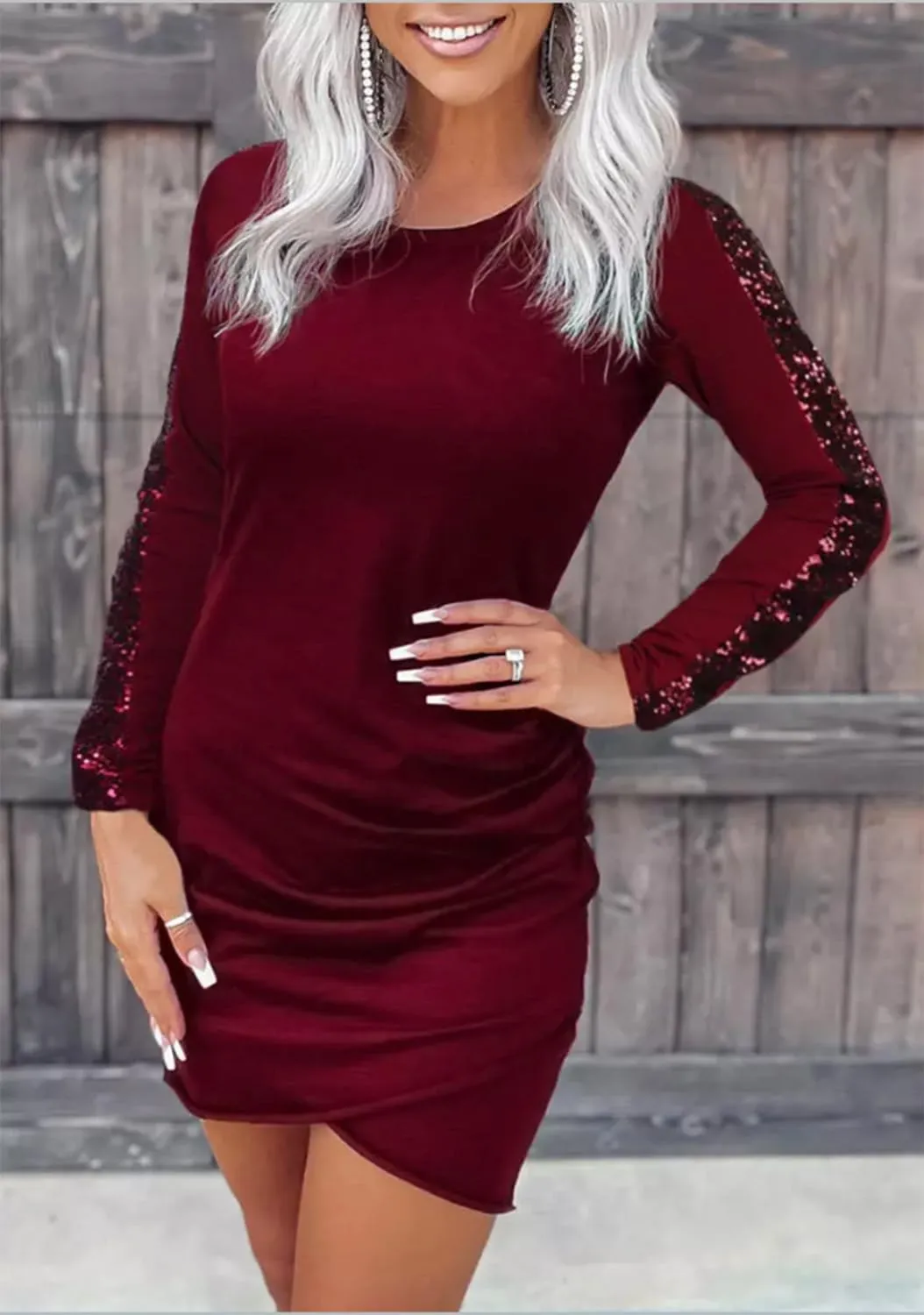FECAFO Women Wrap Glitter Ruched Bodycon Dress Sequin Long Sleeve Evening Dress Wrap Hem Ruched Club Party Mini Dress