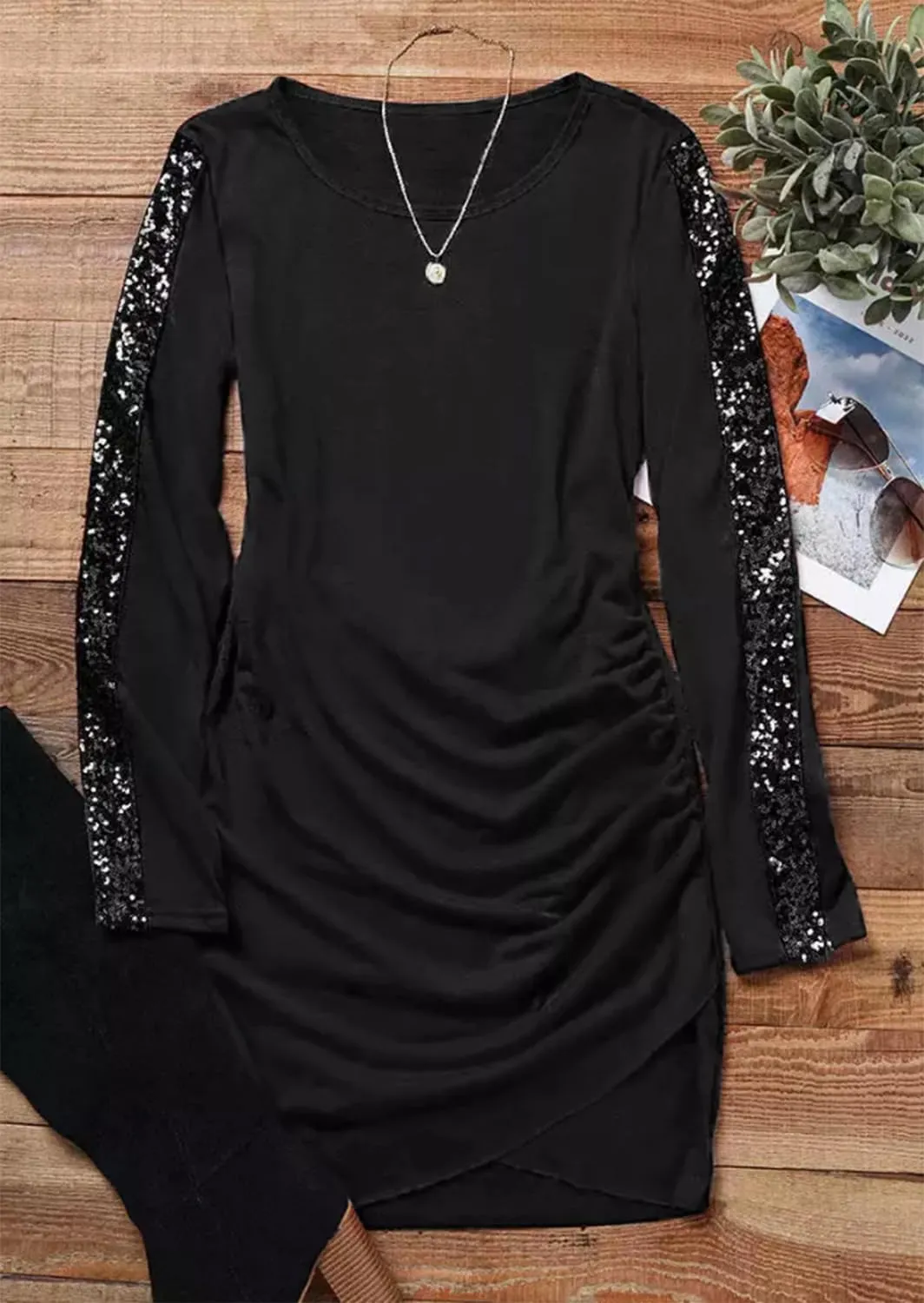 FECAFO Women Wrap Glitter Ruched Bodycon Dress Sequin Long Sleeve Evening Dress Wrap Hem Ruched Club Party Mini Dress