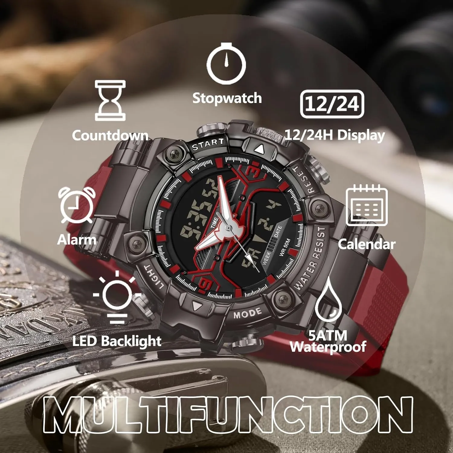 findtime Digital Watches for Men Tactical Sports 5ATM Waterproof Watch Digital Large Face LED Backlight Wristwatch Stopwatch Alarm Tactical Electronic Watch