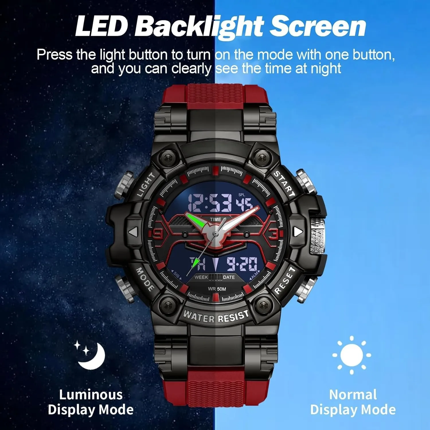 findtime Digital Watches for Men Tactical Sports 5ATM Waterproof Watch Digital Large Face LED Backlight Wristwatch Stopwatch Alarm Tactical Electronic Watch