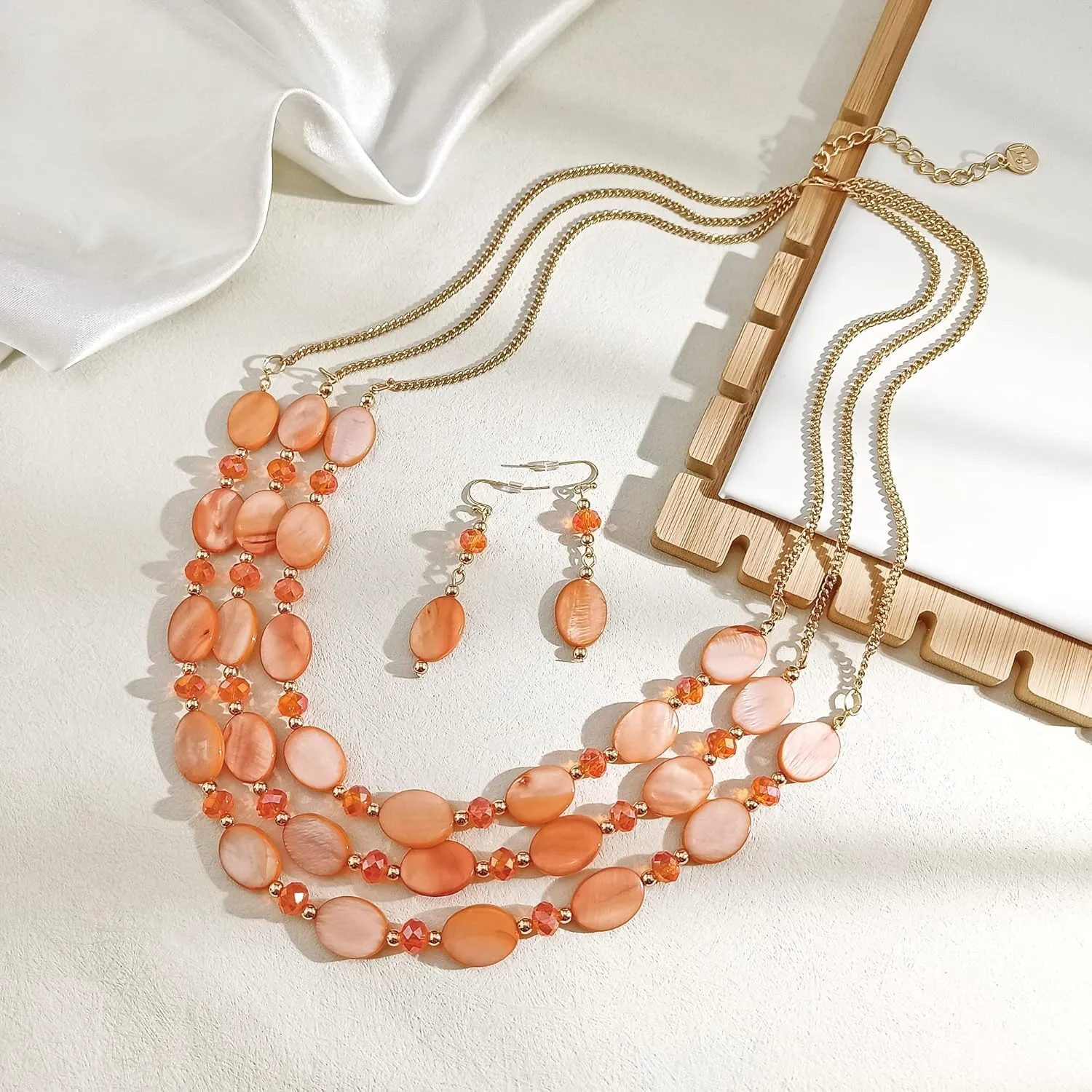 Firstmeet 3 Layered Beaded Necklace Set with Earrings Oval Shell Beads Jewelry Gift for Women