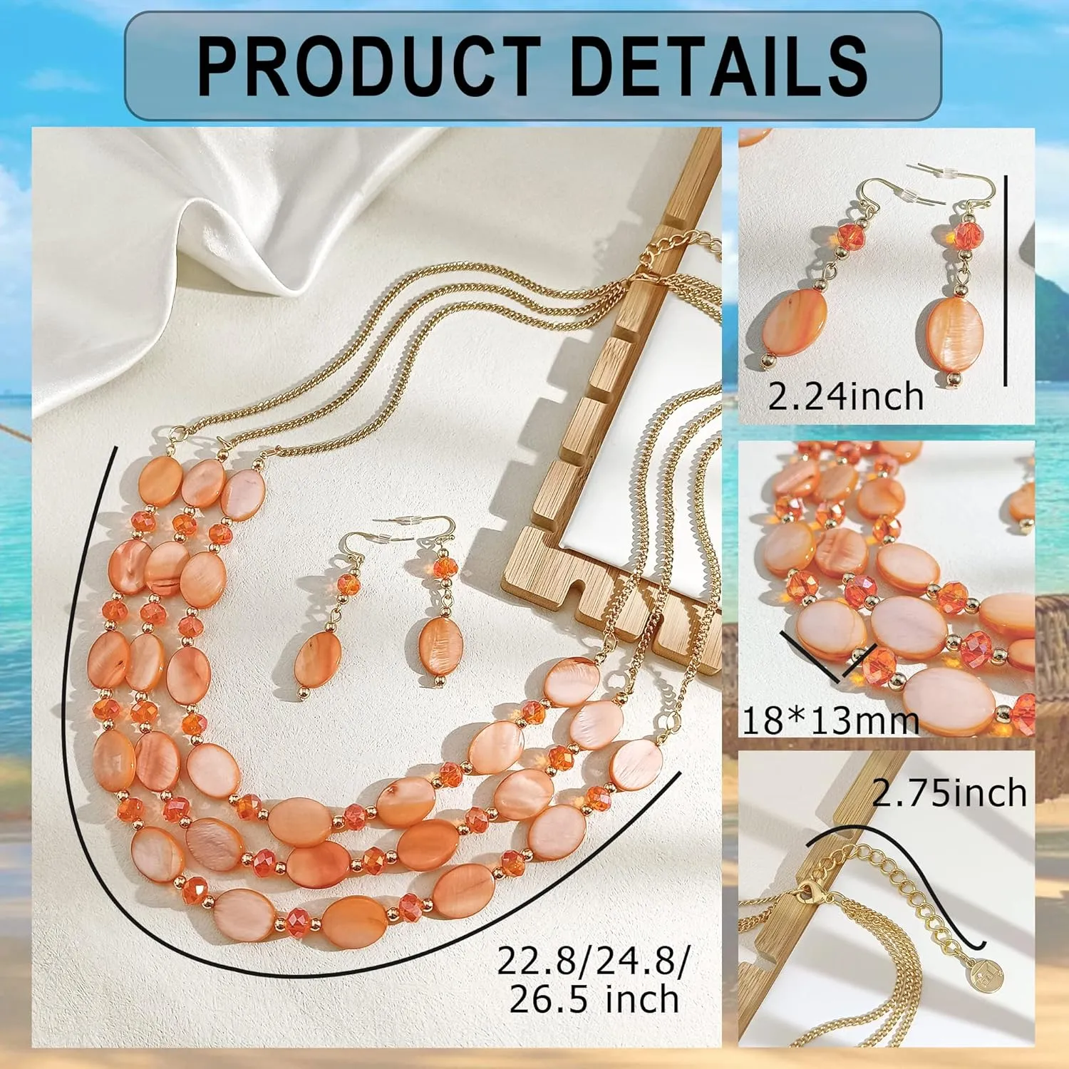Firstmeet 3 Layered Beaded Necklace Set with Earrings Oval Shell Beads Jewelry Gift for Women