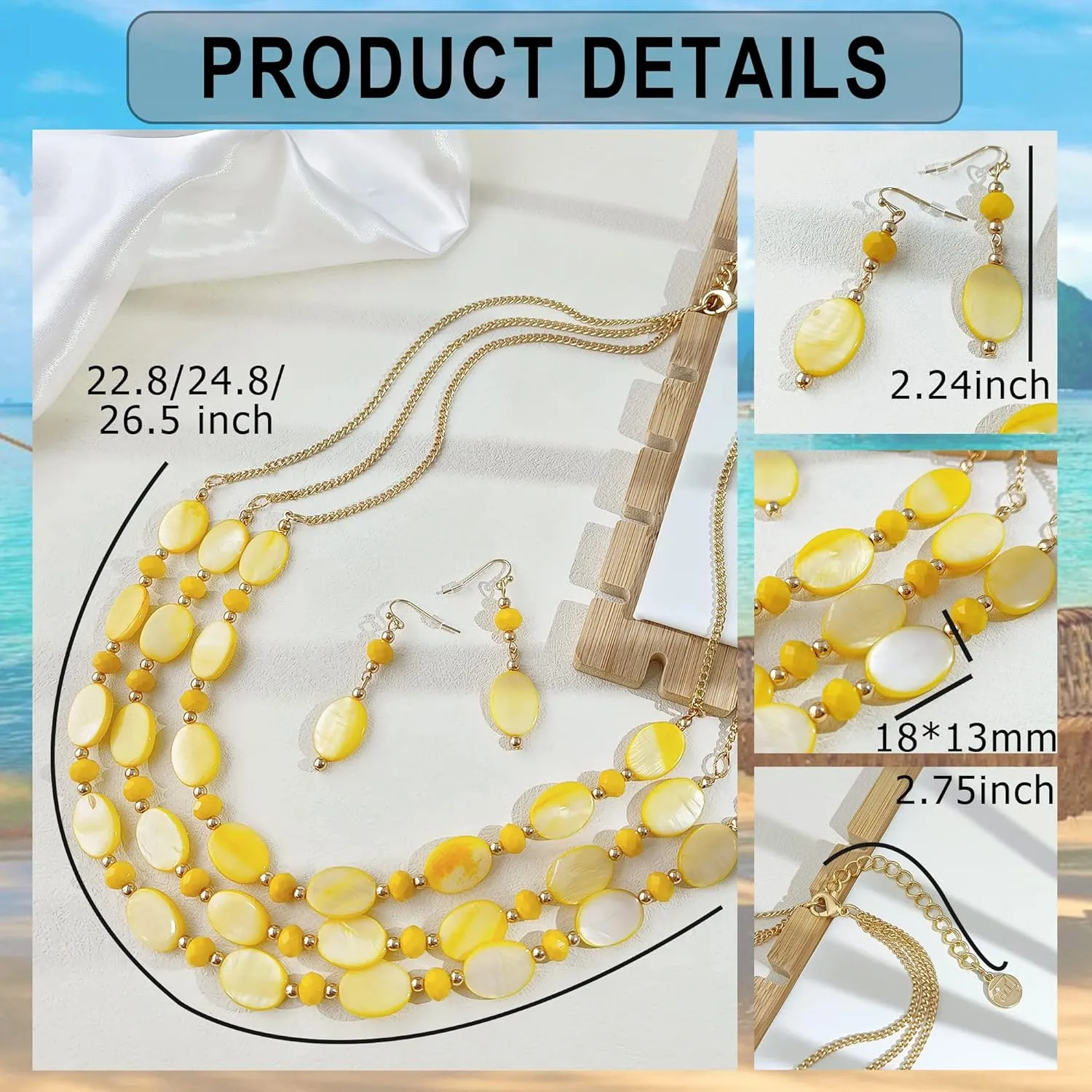 Firstmeet 3 Layered Beaded Necklace Set with Earrings Oval Shell Beads Jewelry Gift for Women