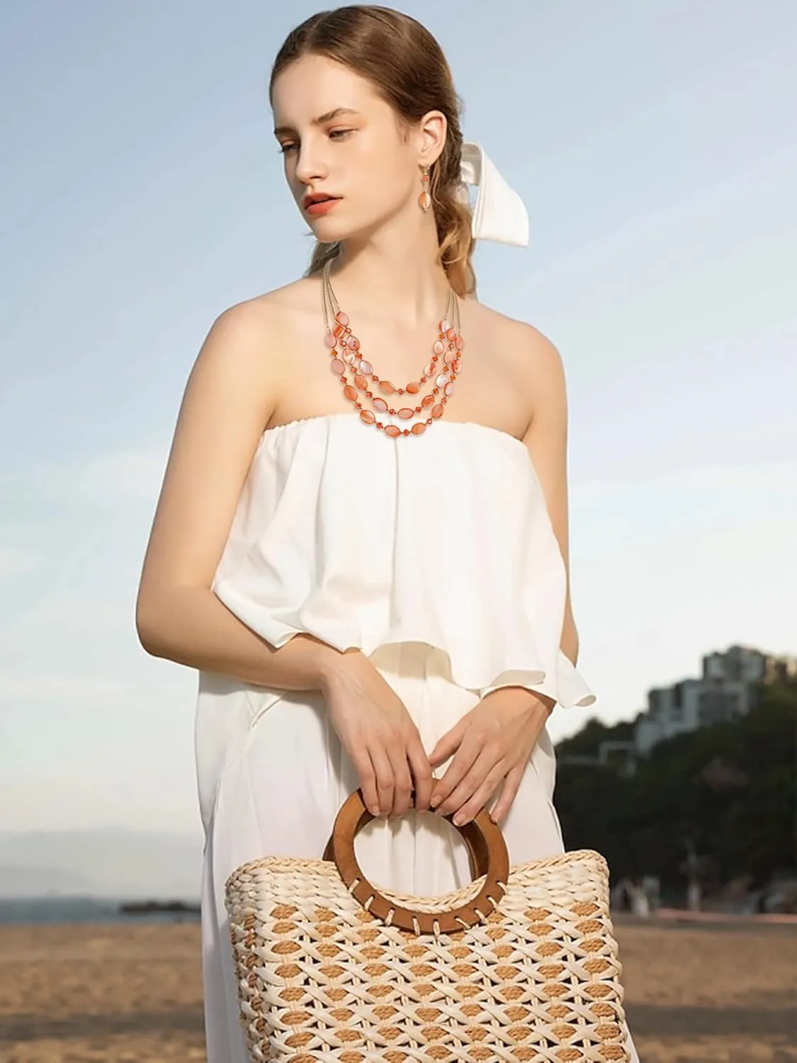 Firstmeet 3 Layered Beaded Necklace Set with Earrings Oval Shell Beads Jewelry Gift for Women