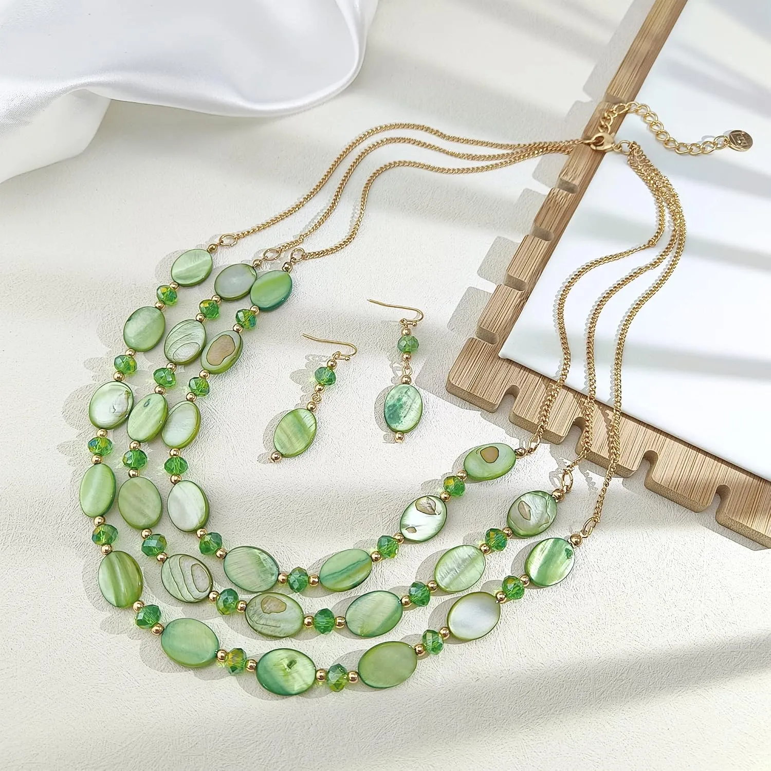 Firstmeet 3 Layered Beaded Necklace Set with Earrings Oval Shell Beads Jewelry Gift for Women