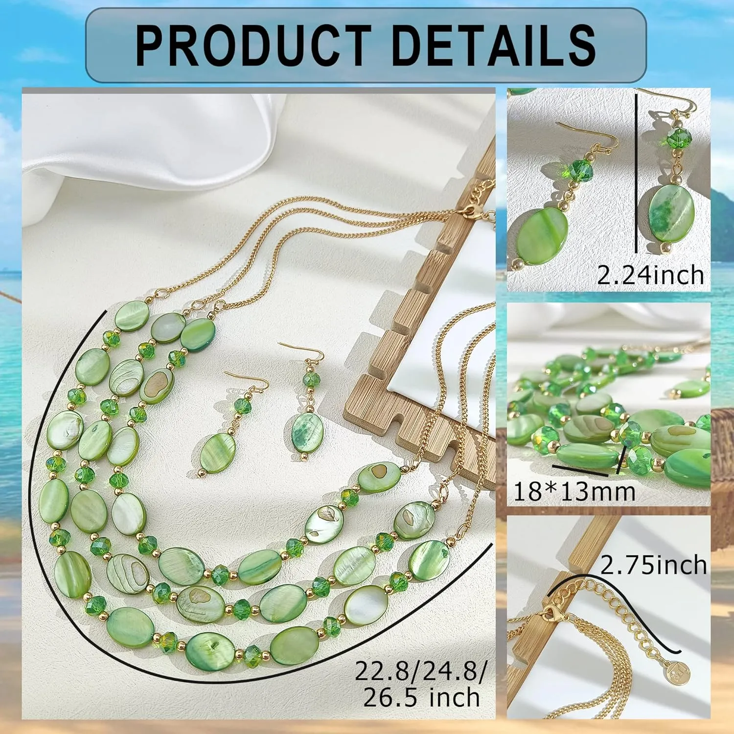 Firstmeet 3 Layered Beaded Necklace Set with Earrings Oval Shell Beads Jewelry Gift for Women