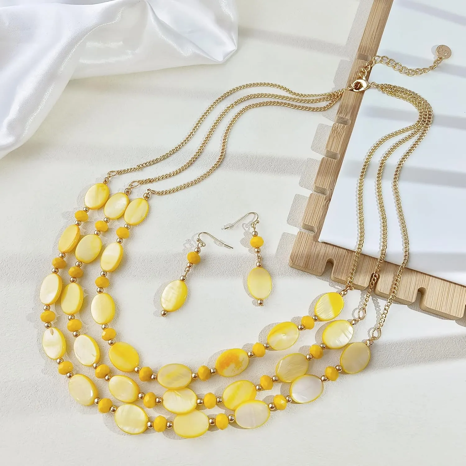 Firstmeet 3 Layered Beaded Necklace Set with Earrings Oval Shell Beads Jewelry Gift for Women