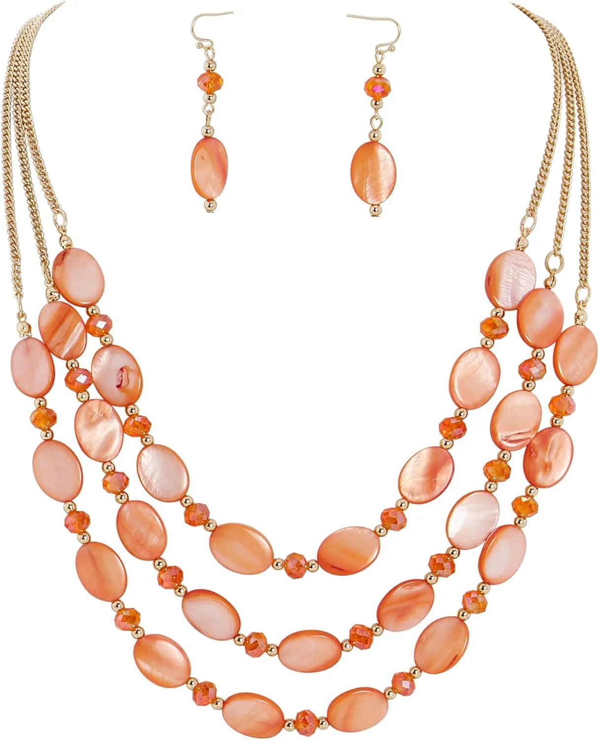 Firstmeet 3 Layered Beaded Necklace Set with Earrings Oval Shell Beads Jewelry Gift for Women