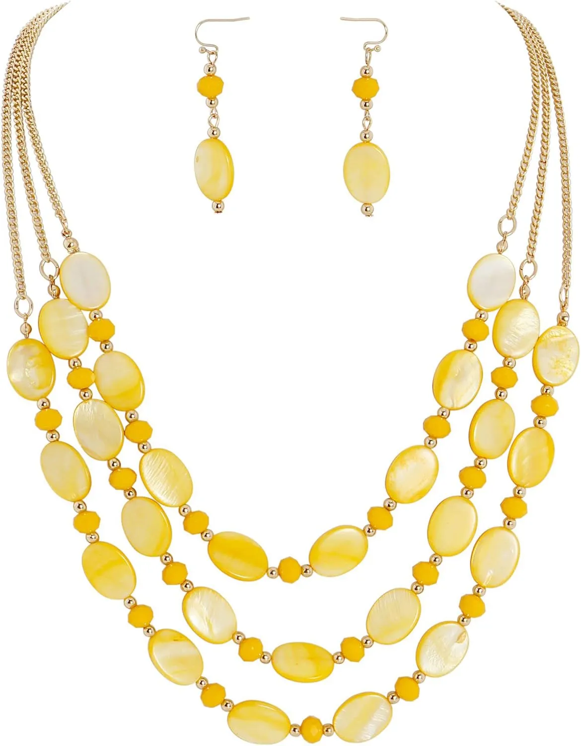 Firstmeet 3 Layered Beaded Necklace Set with Earrings Oval Shell Beads Jewelry Gift for Women