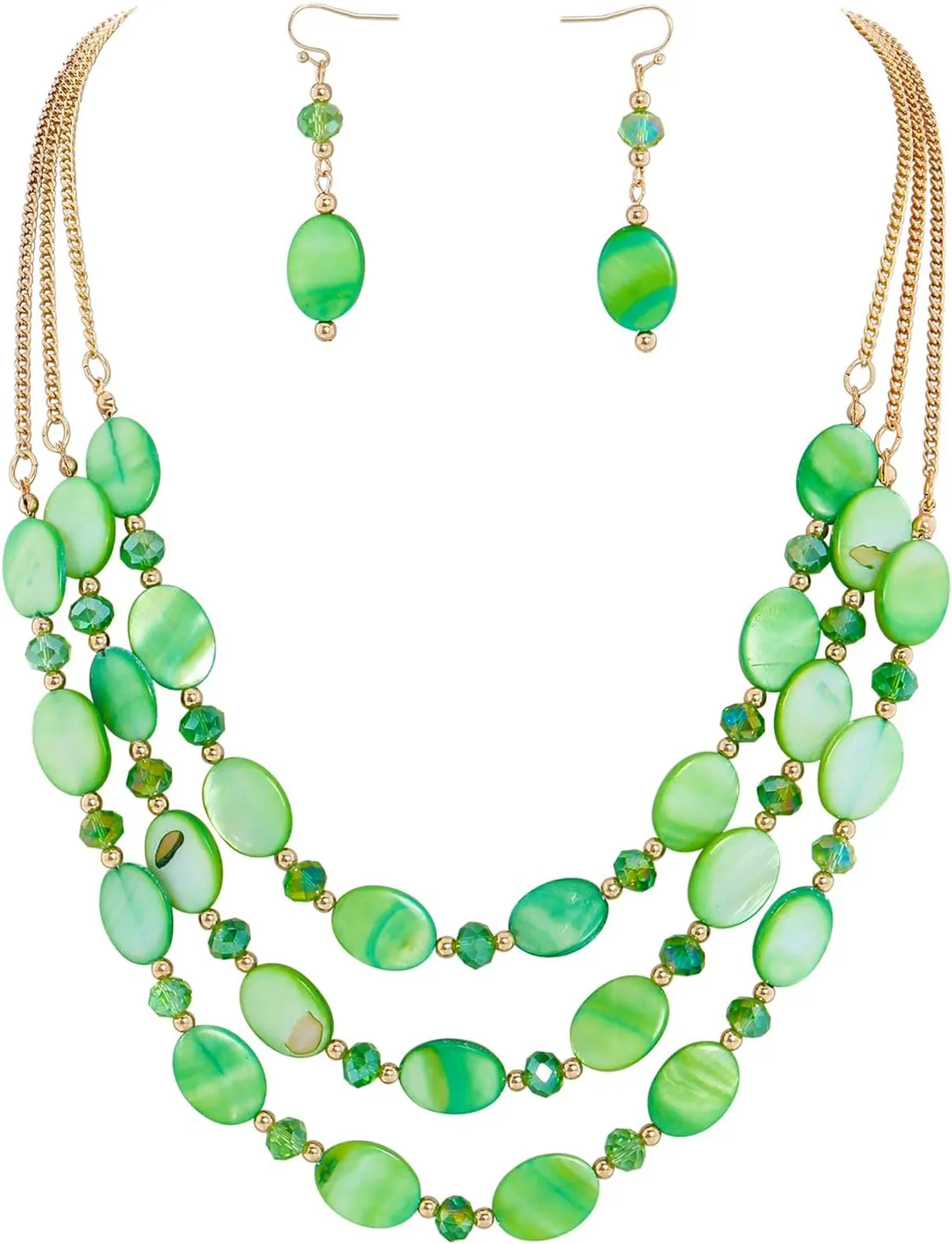 Firstmeet 3 Layered Beaded Necklace Set with Earrings Oval Shell Beads Jewelry Gift for Women
