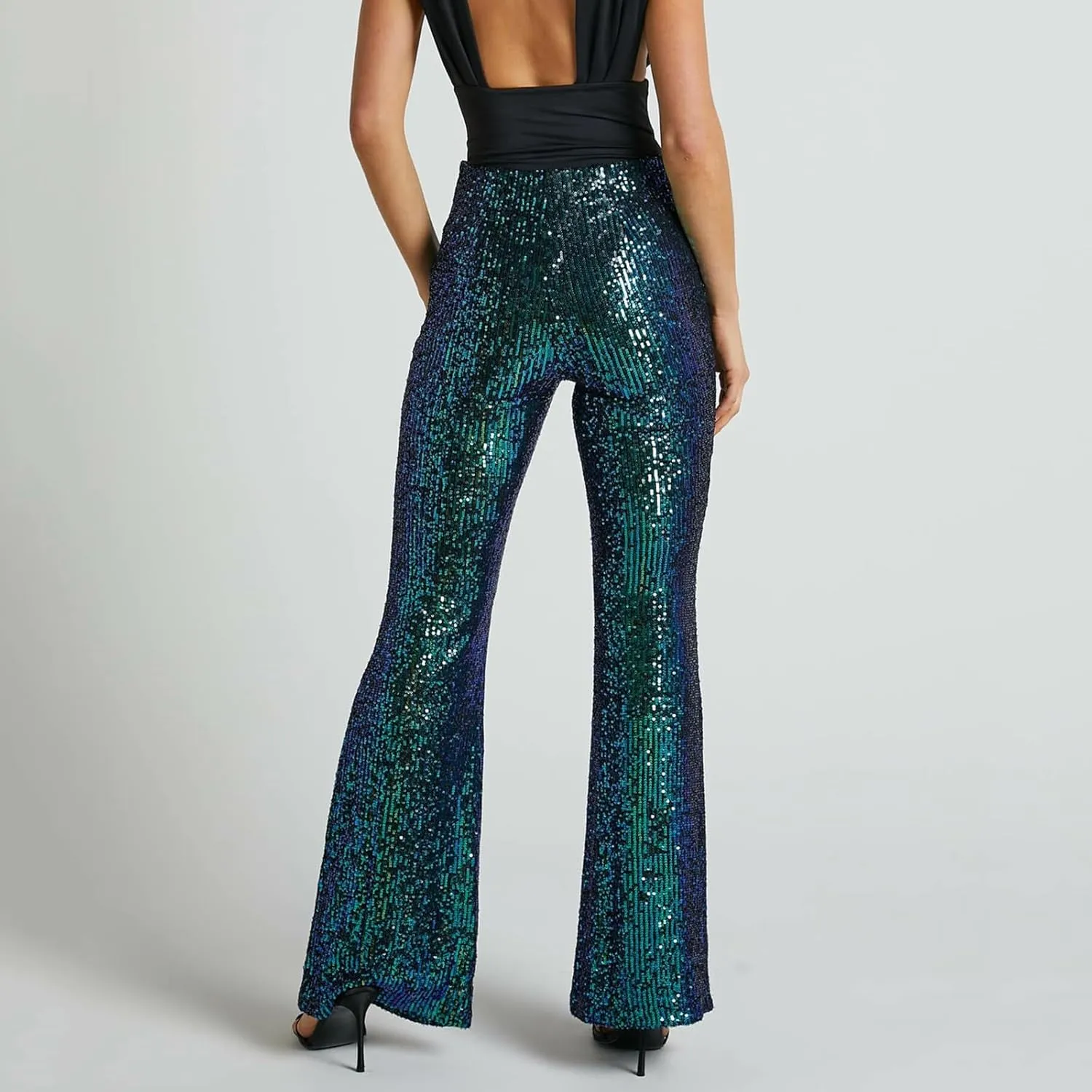 Flared Pants for Women Sequin Sparkly Hight Waist Wide Leg Disco Trousers Bling Glitter Night Clubwear Dance Pants