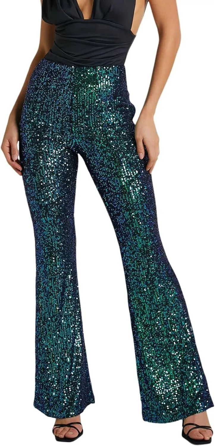 Flared Pants for Women Sequin Sparkly Hight Waist Wide Leg Disco Trousers Bling Glitter Night Clubwear Dance Pants